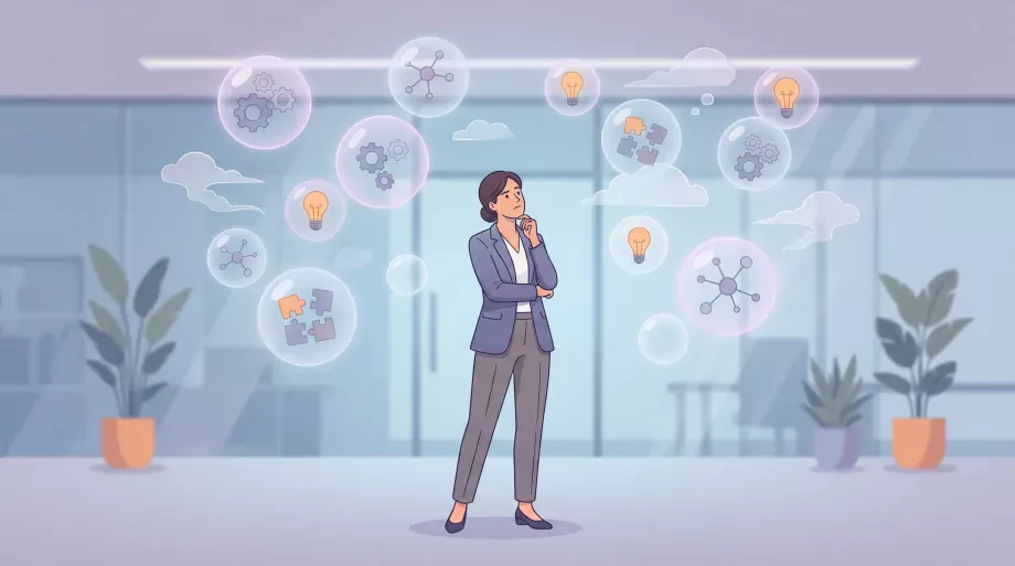 Une personne professionnelle entourée de bulles de pensée floues et dispersées représentant des compétences non structurées. Contraste entre l'ordre extérieur (personne en tenue professionnelle) et le désordre intérieur (pensées éparpillées).