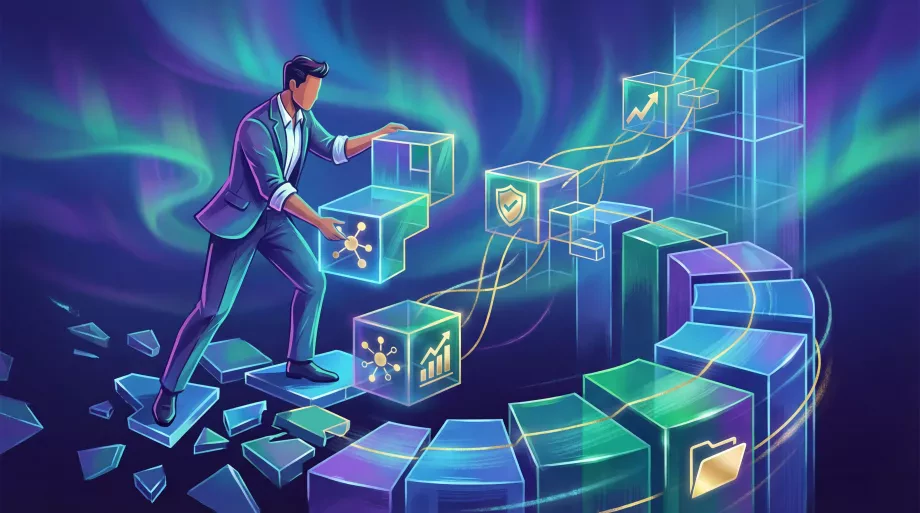 Une personne construisant ou organisant des blocs/éléments qui se connectent entre eux, représentant la structuration progressive des compétences.